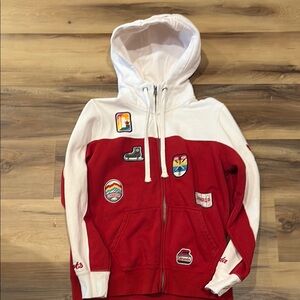 Roots Canada Red and White Hoodie with Patches